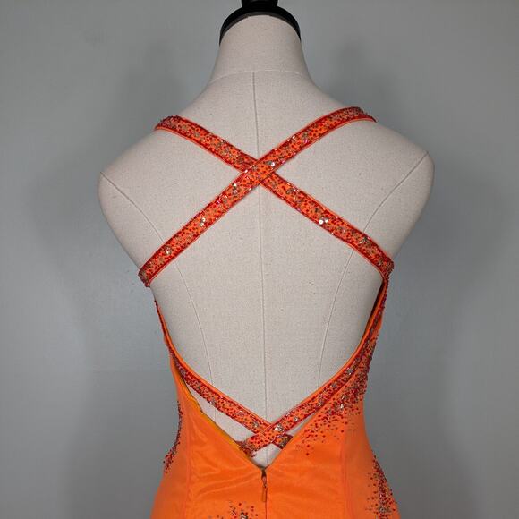 Vintage Silk Prom Dress Maxi Gown 4 Orange Y2K Ruffle Fairy Bead Slip Glam Guest - Picture 7 of 16